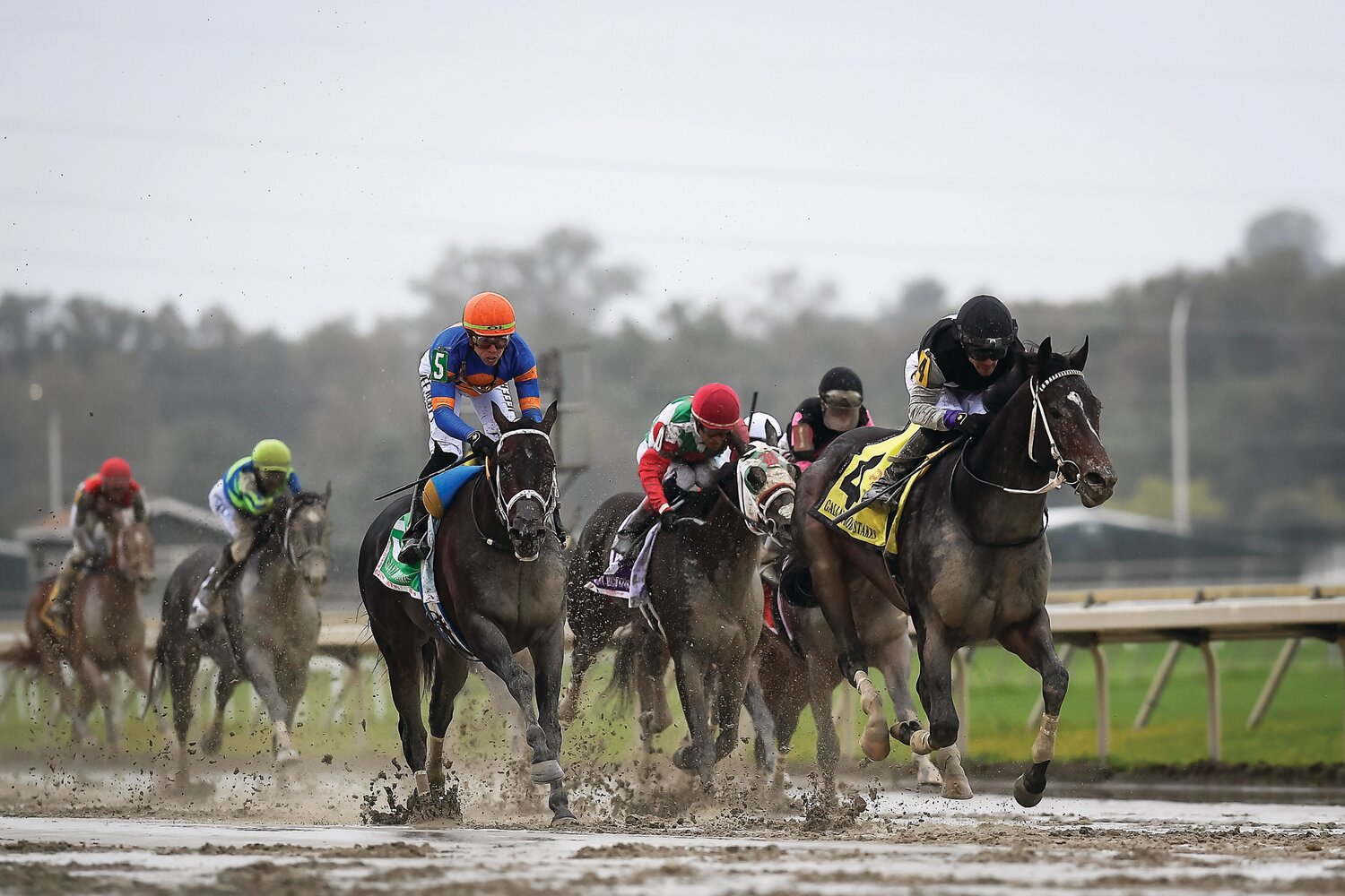 Damon’s Mound, ridden by jockey Junior Alvarado (No. 4), opens up the sprint in the home stretch to edge out Nautical Star, ridden by Irad Ortiz Jr. (No. 5) in race No. 11.