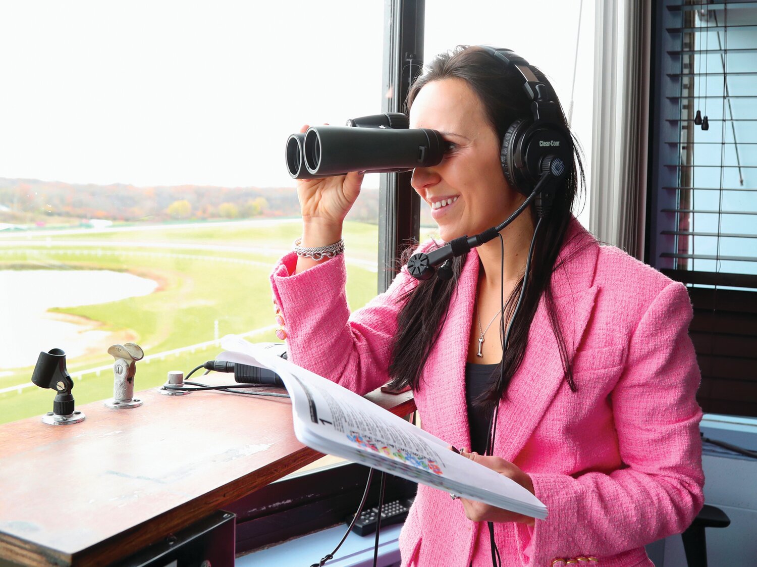 Jessica Paquette prepares for her first day as track announcer at Parx Racing in Bensalem on Nov. 15, 2022. On Saturday, Paquette became the first woman to call a Grade 1 stakes in North America.