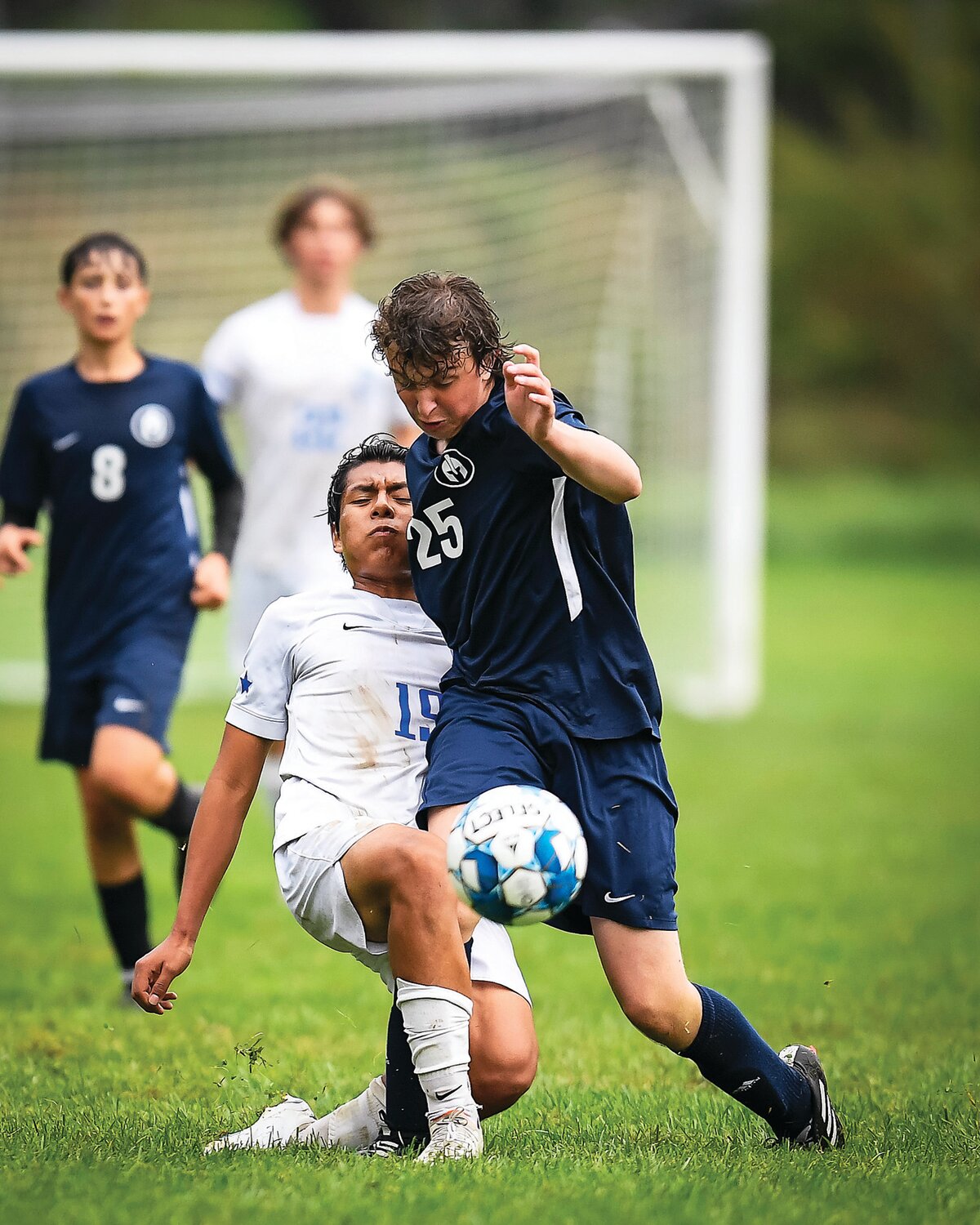 Solebury School’s Wentworth Smith beats South Hunterdon’s Kevin Lucas to the ball during the second half action.