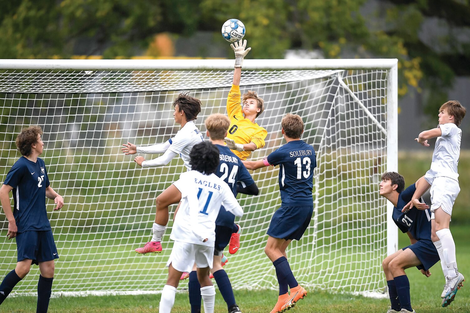 Solebury School goalie Laszlo Fabritius makes a save on corner kick in the opening minute of the first half.