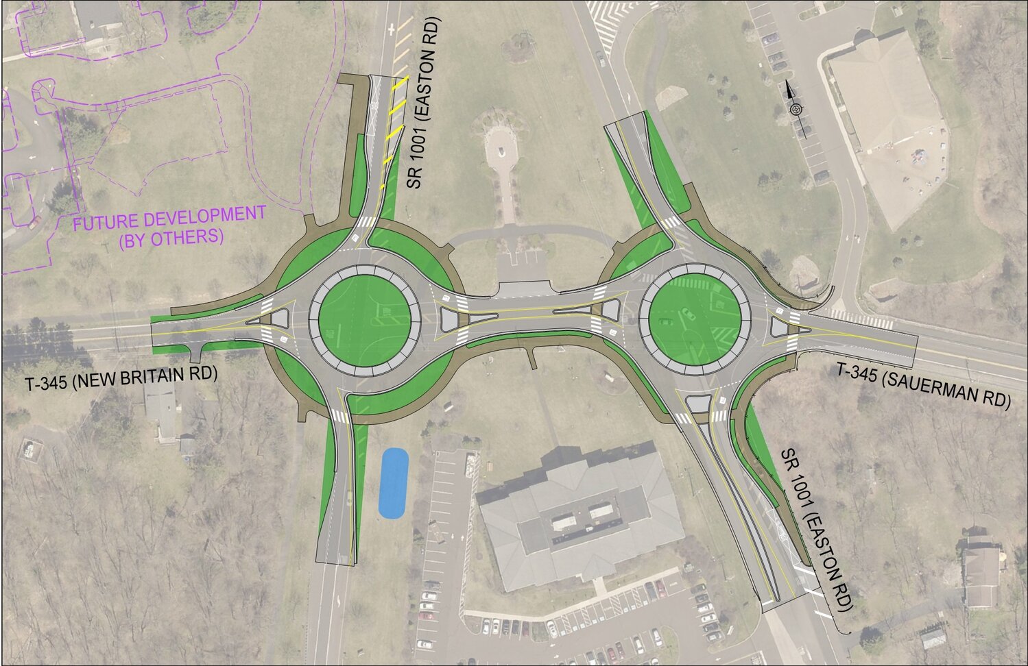 Two roundabouts will be constructed this fall at the intersection of Easton Road and New Britain Road/Sauerman Road.