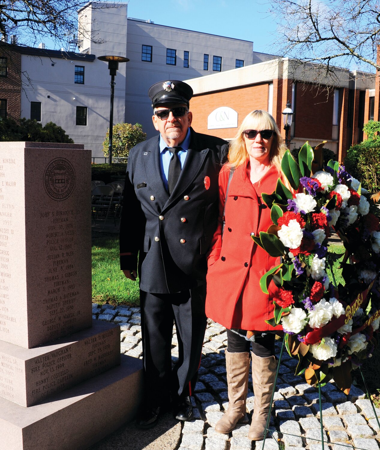 Jeff Buranich and Susan Buranich attend the ceremony in honor of John Buranich III. Buranich was a student of Bishop Egan High School, Class of 1977, and also a volunteer firefighter with Edgely Fire Co. No. 1 when he died in November 1976 from injuries sustained in a July accident en route to the fire station.