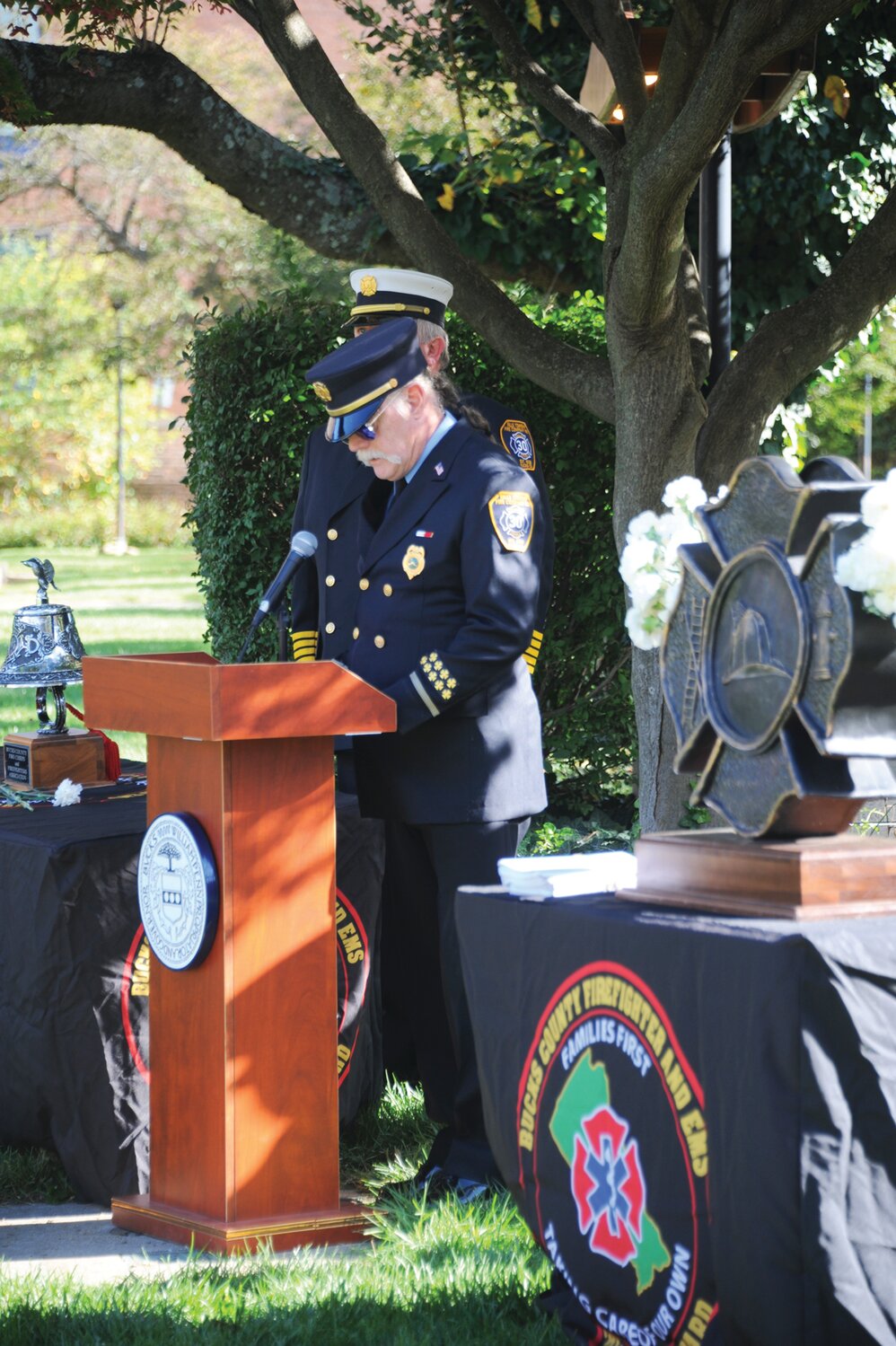 Jerry Barton, president, Bucks County Fire Chiefs and Firefighters Association, speaks during the ceremony.