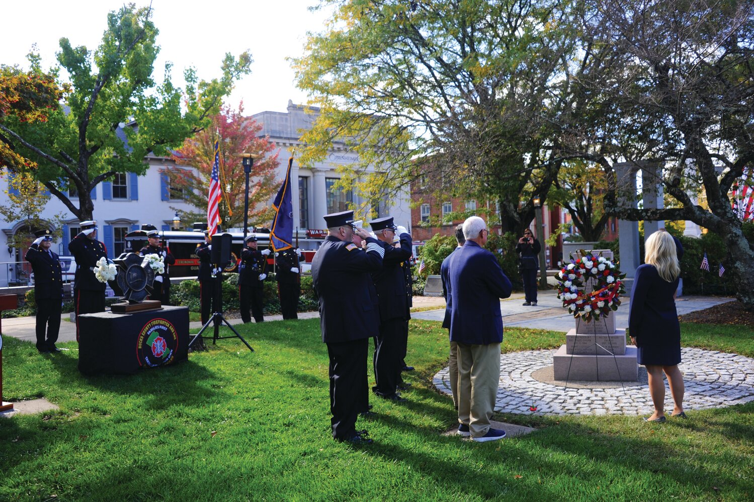A wreath is placed in remembrance of fallen firefighters.