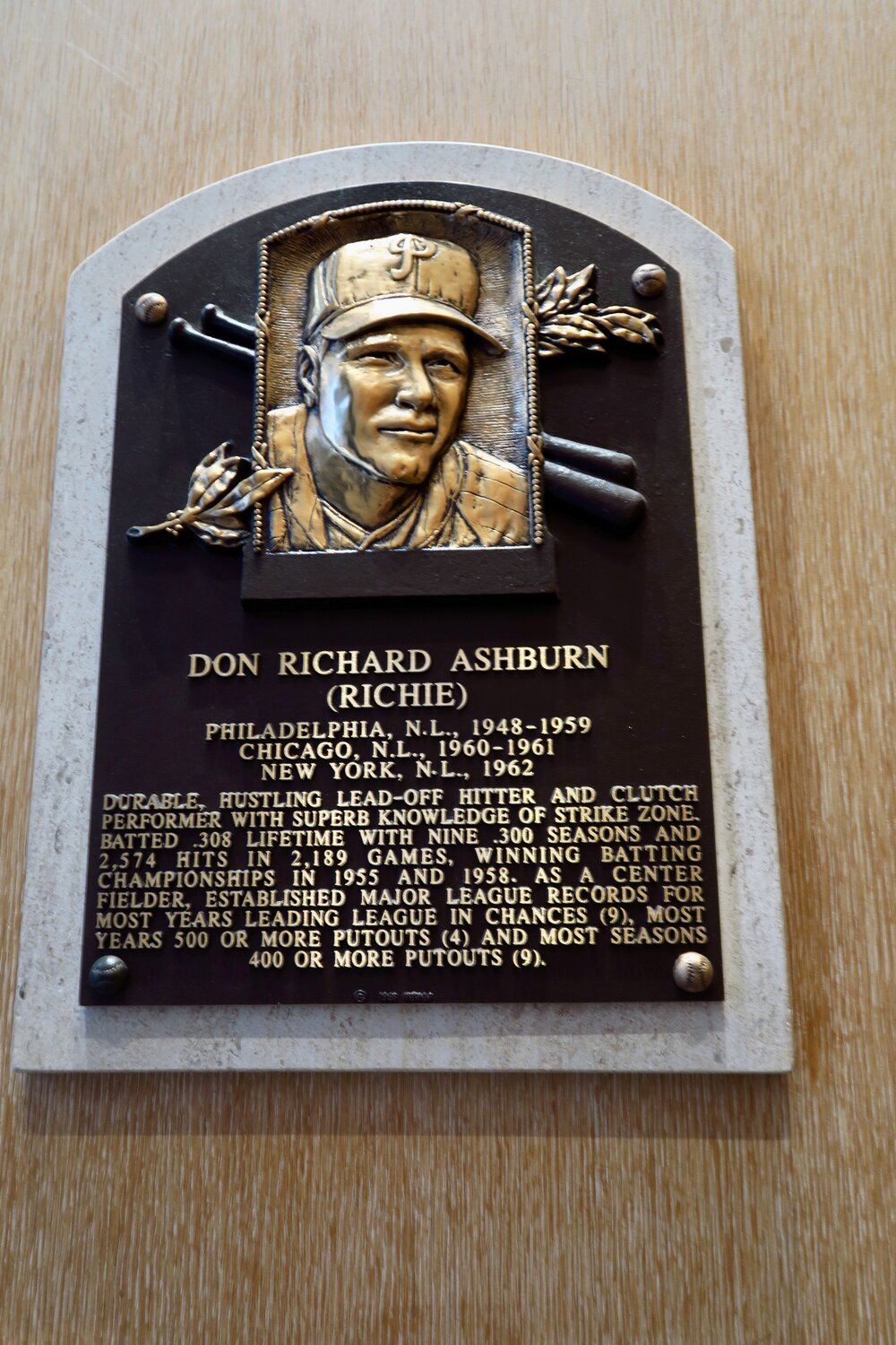 A plaque marking the induction of Richie Ashburn at the National Baseball Hall of Fame in Cooperstown. “Whitey” played for the Phillies from 1948 to 1959 and added color commentary in the broadcast booth from 1963 until his death in 1997.