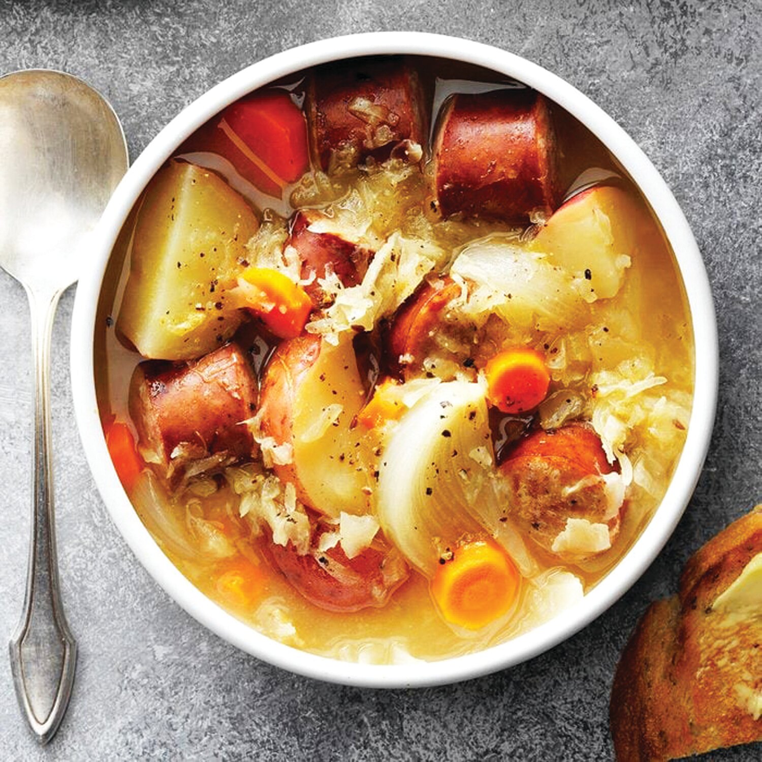 Sauerkraut doesn’t just belong on hot dogs; here it is incorporated into a tangy soup.