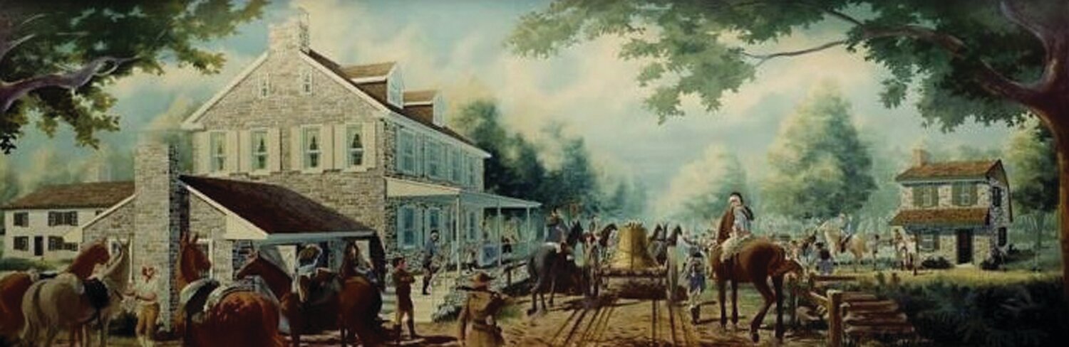 A painting depicts the escape of church and government bells from being melted down by the British during the Revolutionary War.