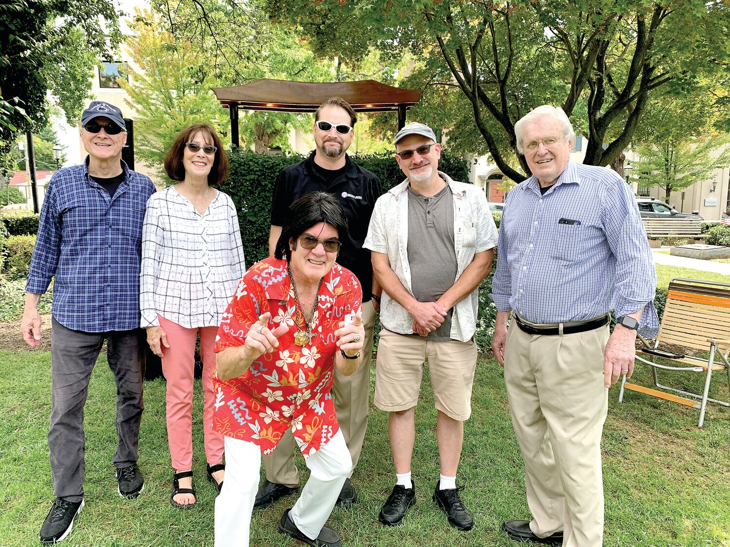 Art D’Angelo, Denise Gealer, Brad Sanders, Tom Brunt and Erik Fleischer, shown here with special guest John Ekey (aka “Elvis Pretzel”), are members of the Central Bucks Chamber of Commerce’s Bucks Fever Brown Bag-it with the Arts committee.
