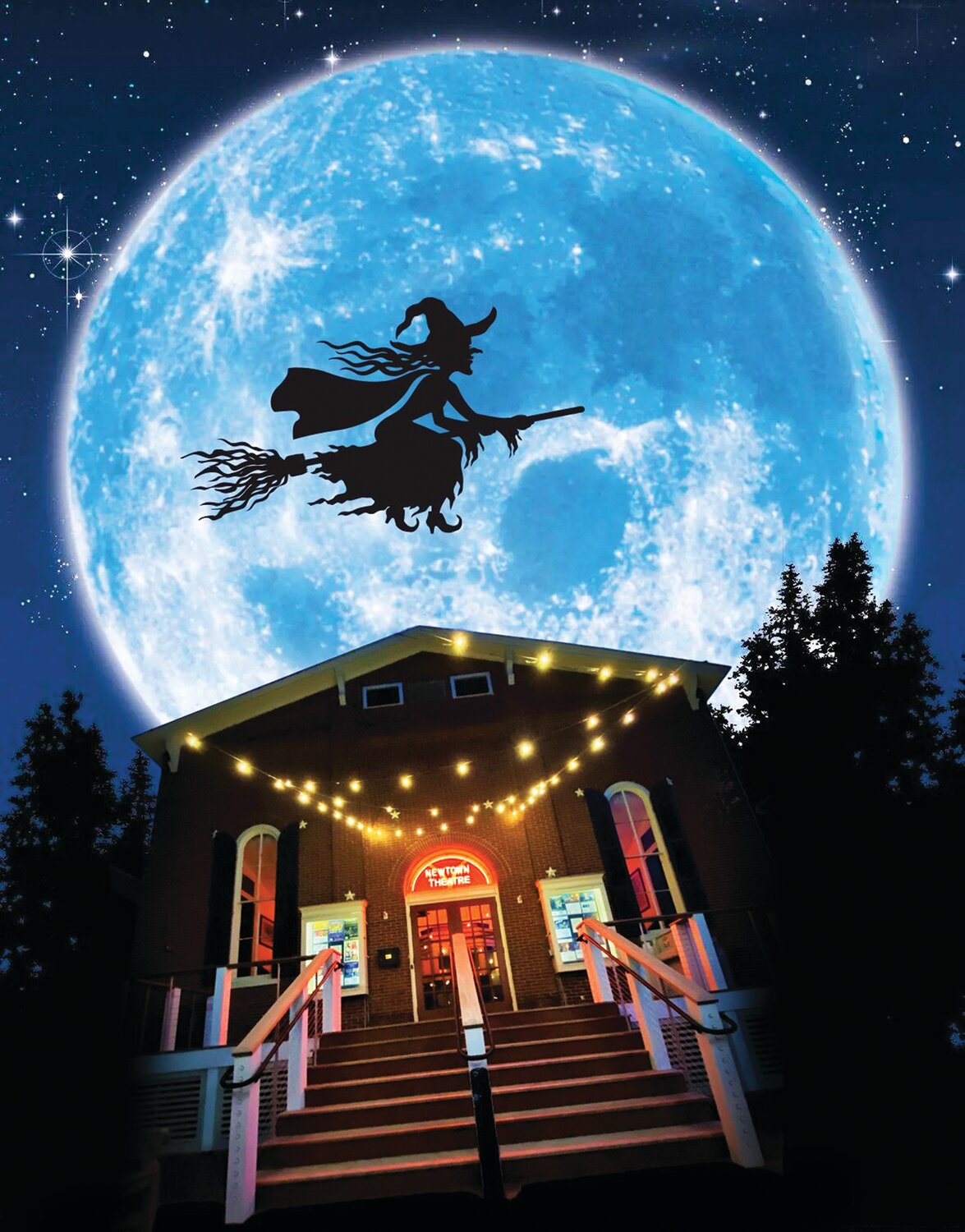 A witch “flies” over the Newtown Theatre.