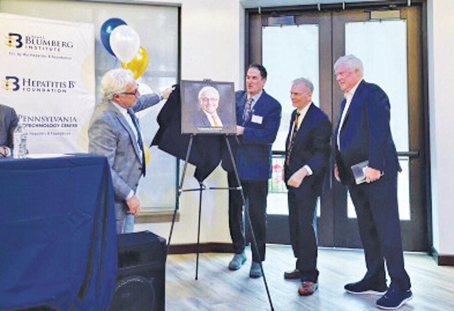 From left are Jim Greenwood, Lou Kassa, Tim Block and Joe Conti, at the unveiling of Greenwood’s portrait.