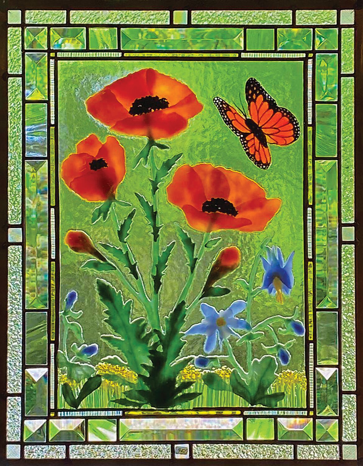 “Orange Poppies” is a fused glass panel by Karen Caldwell of Sunflower Glass Studio.