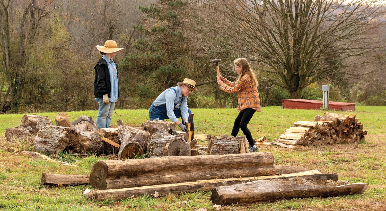 Workers get an assist in splitting wood at Howell Living History Farm.