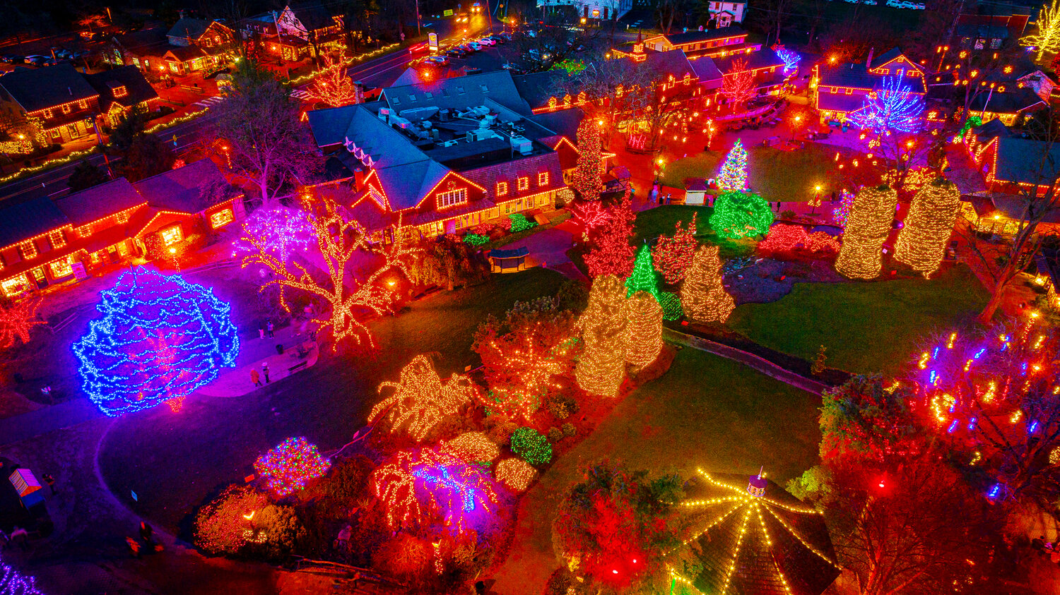A camera on a drone captures Peddler’s Village all lit up for the holidays. The village will once again display a million colorful holiday lights, beginning Nov. 17 when festivities officially kick off.