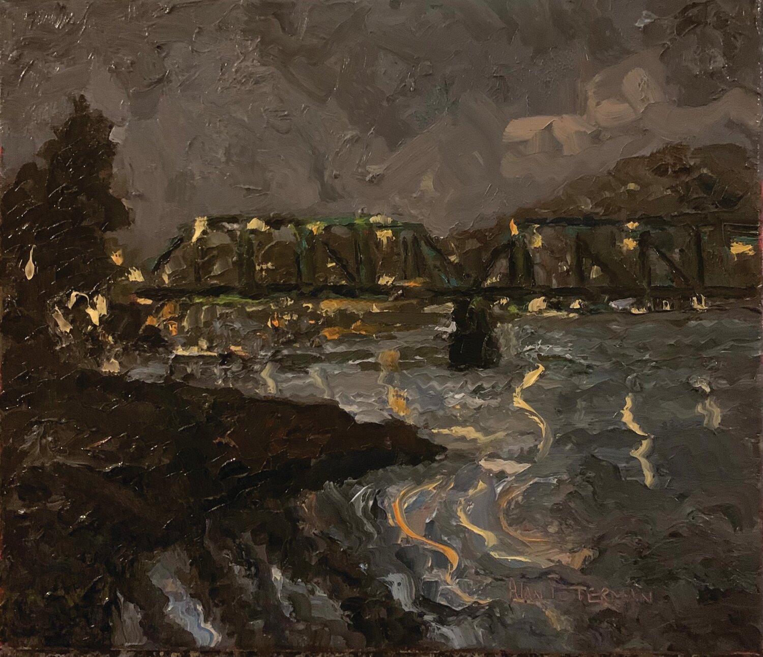 “Night Bridge, Lambertville”  is an oil on linen by Alan Fetterman.