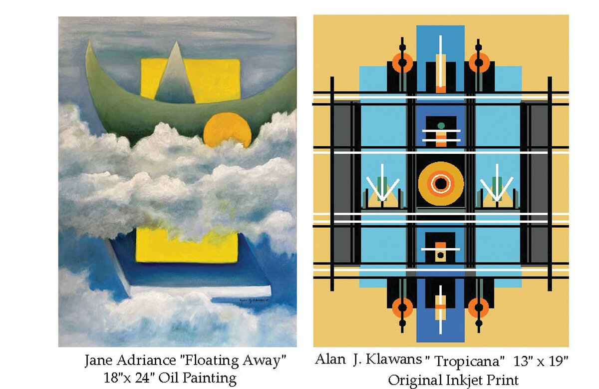 “Floating Away” is an oil painting by Jane Adriance, left, and “Tropicana” is an original inkjet print by Alan J. Klawans.