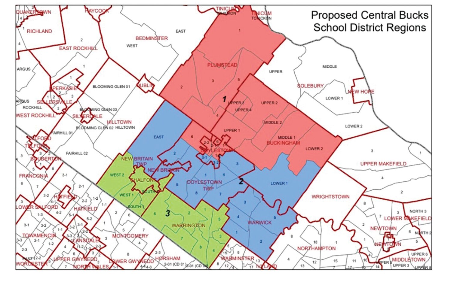 “CBSD Fair Votes” proposed a map with three Central Bucks School District voting regions, each electing three school board members.