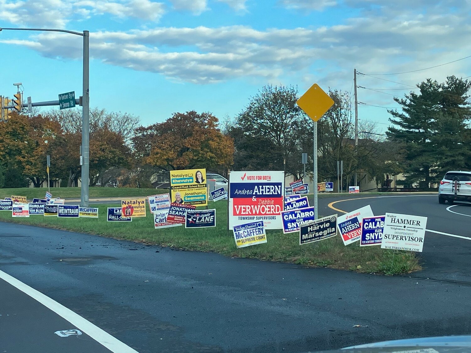 Election signs fill the grass at the intersection of Swamp Road and the Newtown Bypass.