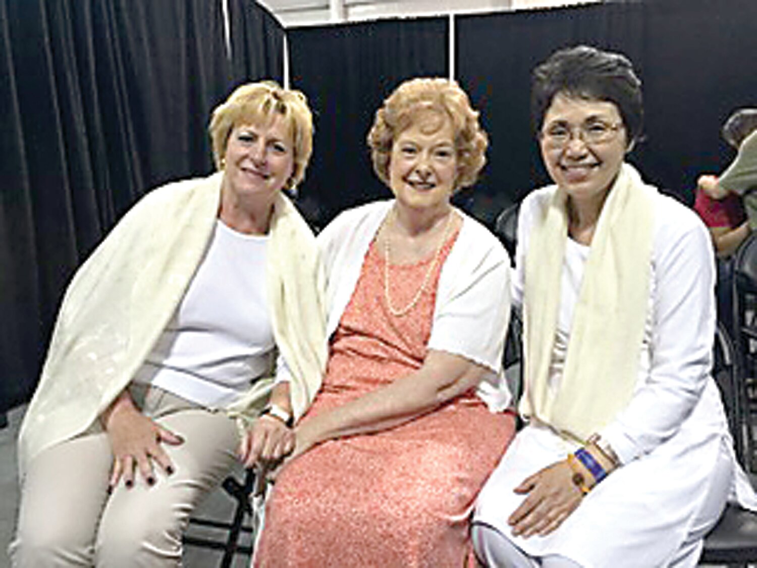 Elizabeth Joyce, center, makes her living as a psychic and can be heard on Sunday evenings at BBSRadio.com/Let’sFindOut. Here she sits with friend Kathy Sasso, of Doylestown, left, and her teacher, who is known only by her first name, Pujhita, during a trip to New York City.
