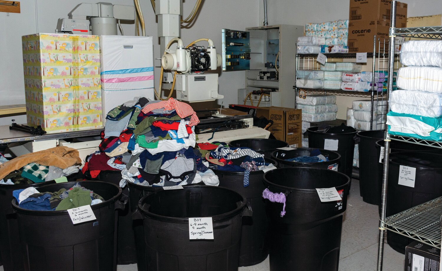 The laundry staging room for boys at The Baby Bureau’s Warminster site.