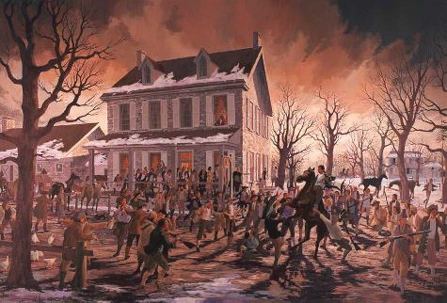 This painting by James Mann portrays the Fries Rebellion at the Red Lion Inn on South Main Street in Quakertown.