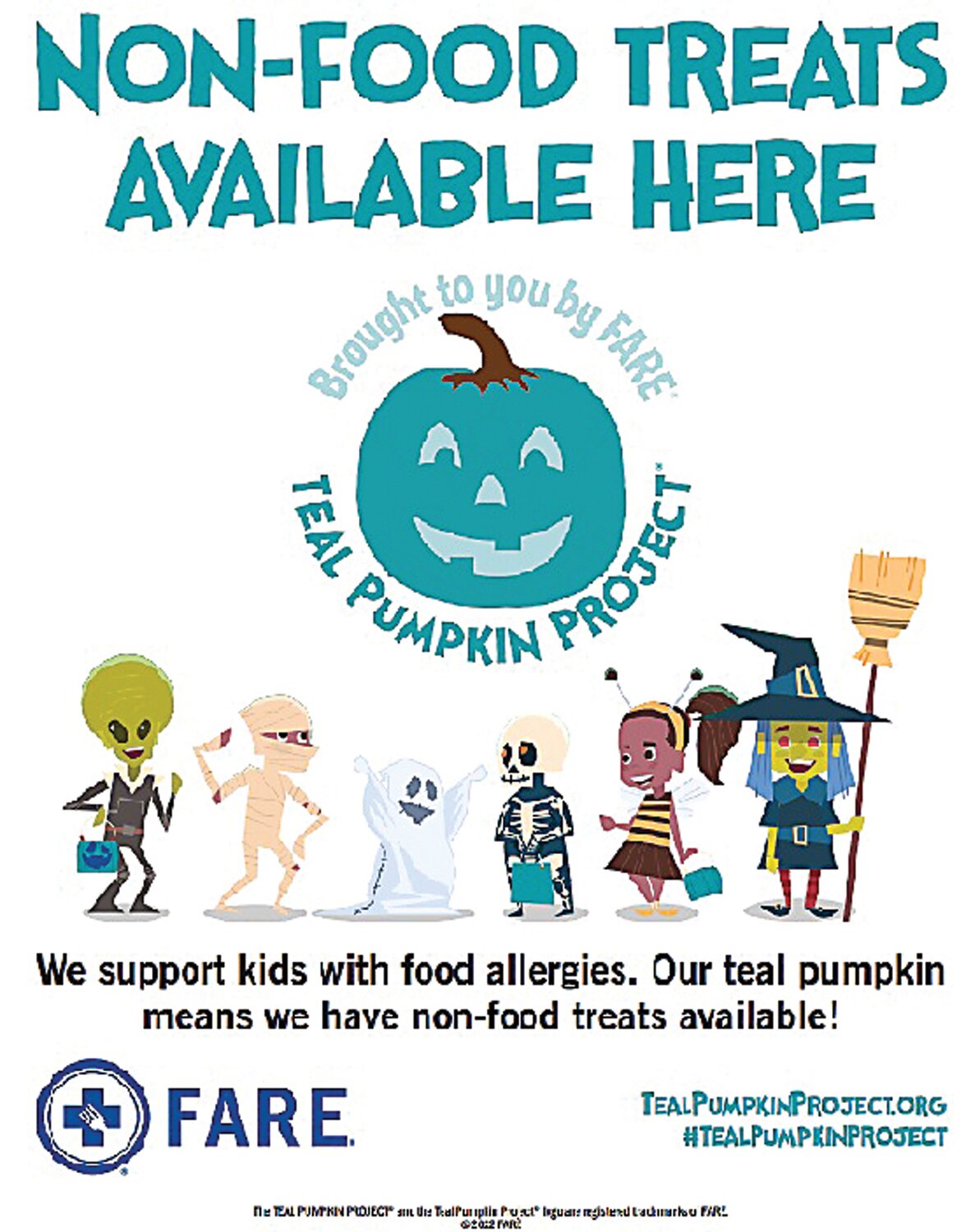 A flyer produced by Food Allergy Research & Education organization (FARE) can be printed and displayed at homes participating in The Teal Pumpkin Project.