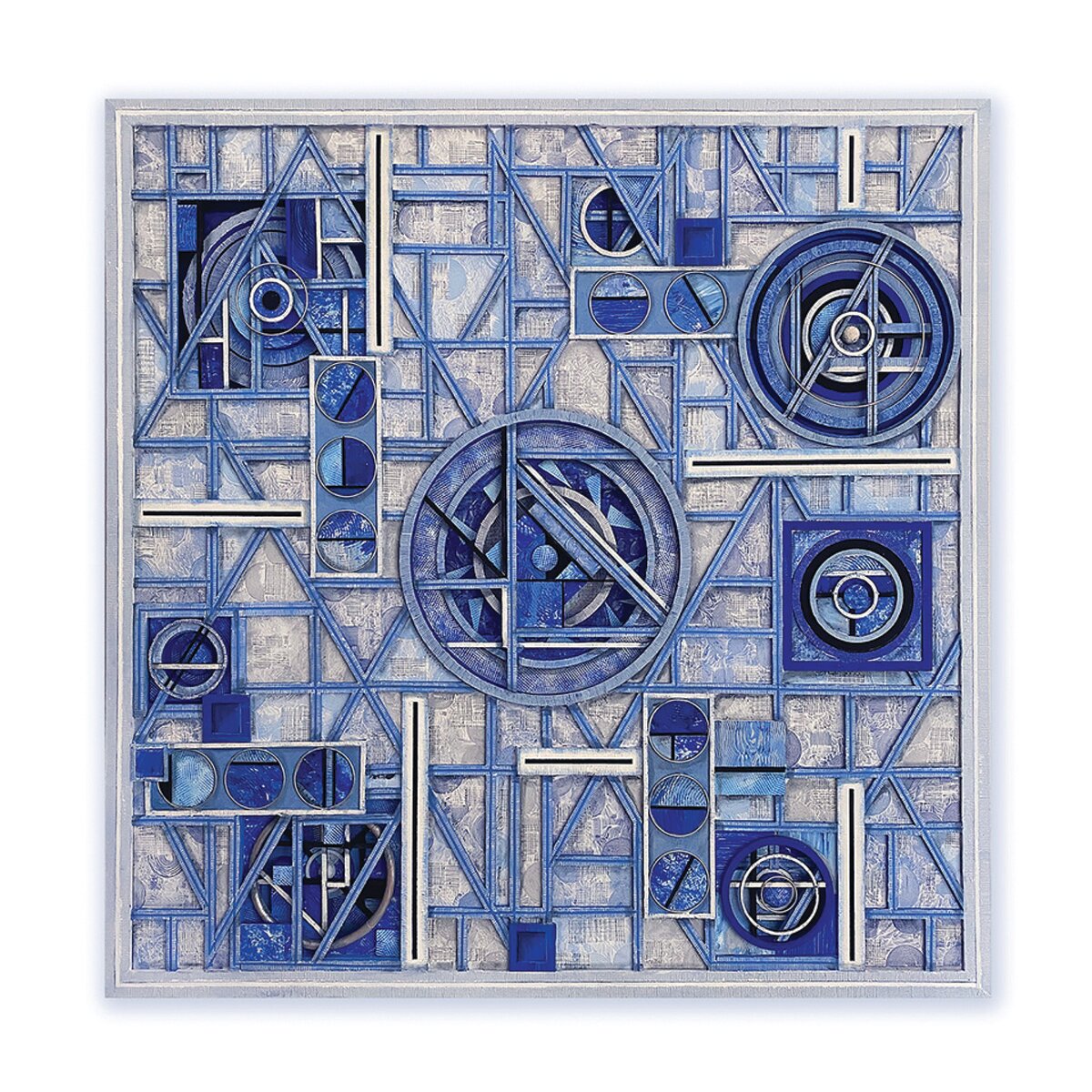 “Color Me Blue” by Chuck Fischer is made of aluminum, wood, modeling paste, metal wire, gesso and acrylic.