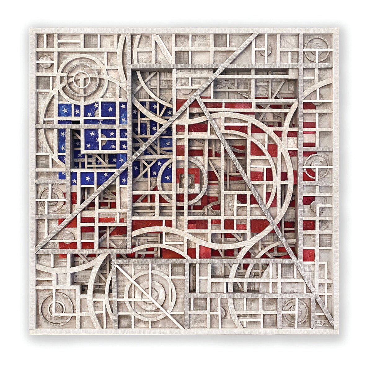 “Star Spangled” by Chuck Fischer is made of aluminum, wood, modeling paste, metal wire, gesso and acrylic.