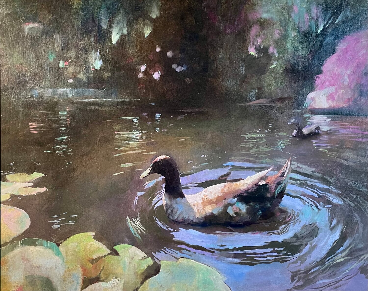 “Duck Pond” is an oil painting by Evan Harrington.