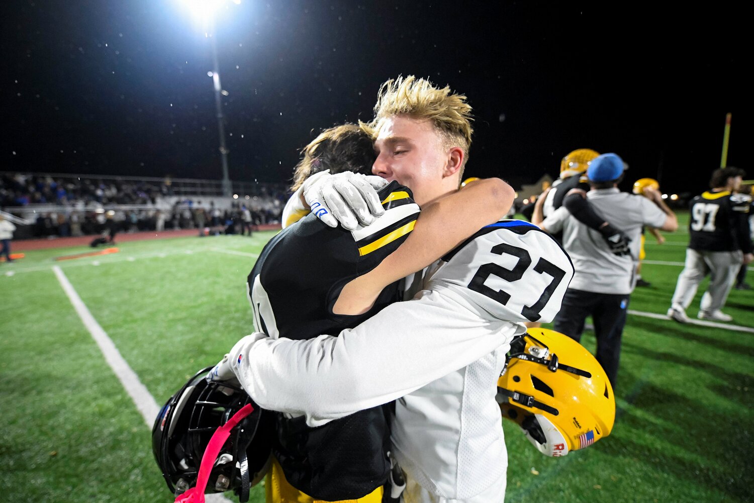 Cousins off the field, Central Bucks West’s Connor Ferzetti and Central Bucks South’s Kevin Hartranft embrace after the final whistle.