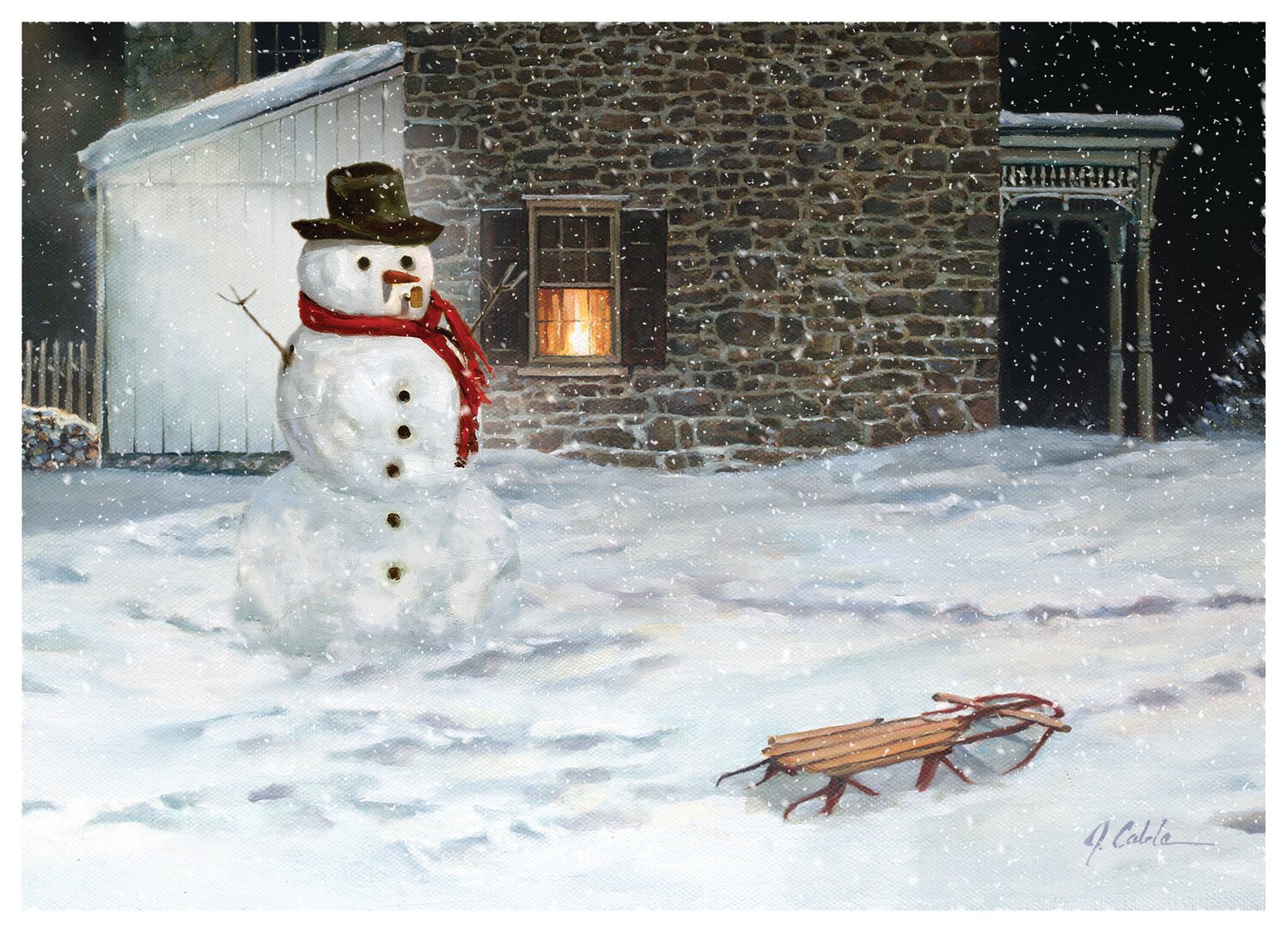 “Snow Day,” a painting by Bucks County artist Jerry Cable, graces the artist’s 2023 Christmas cards. To order yours, visit him online.