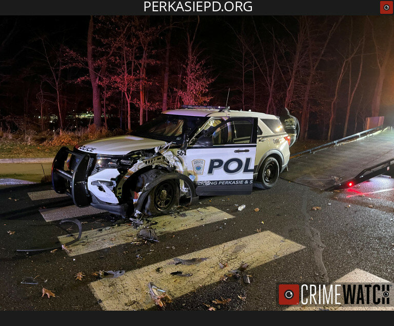 This Perkasie Police Department Ford Explorer was struck in an "offset" head-on collision. The officer was treated at a local hospital and released. The driver of the other vehicle was not injured.