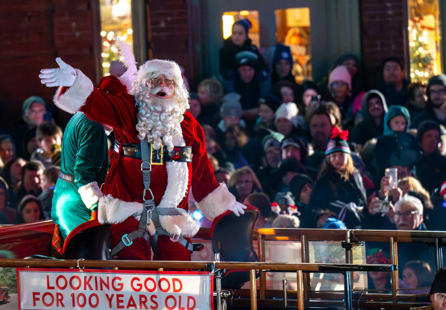 Santa Claus fires up the Winterfest crowd Friday night in Doylestown.