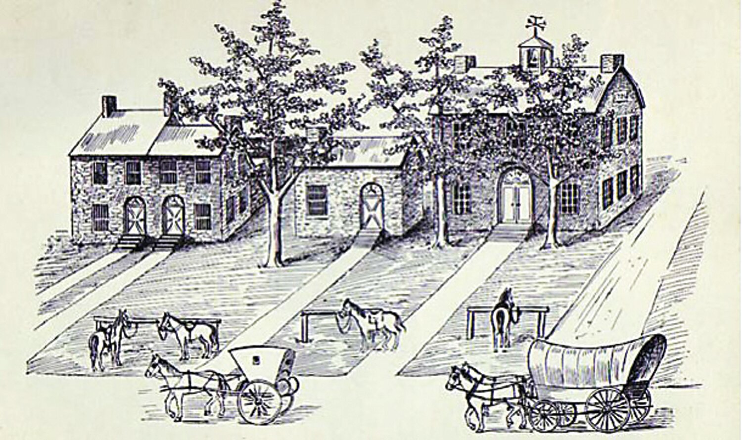 This sketch shows the Bucks County courthouse and government buildings as they stood in 1815. The sketch depicts, from left, the jail and keeper’s house, the Treasury building and the courthouse.
