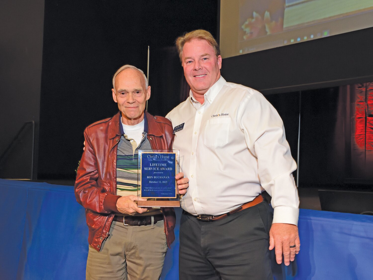 Christ’s Home
Children’s Campus Maintenance Director Ron Buchanan accepts a “Lifetime Service Awards” plaque from Jim McGovern, senior vice president and chief operating officer.