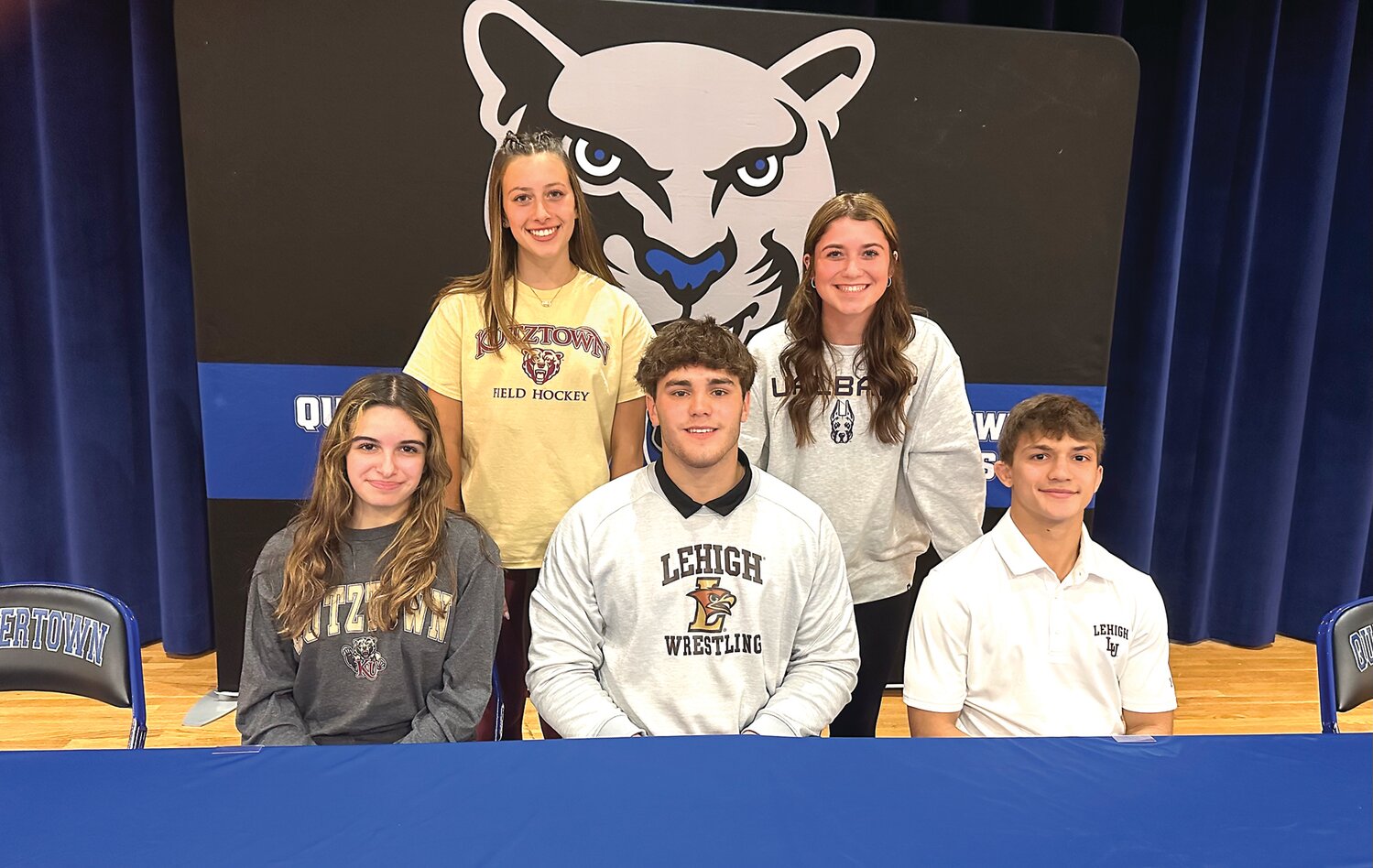 Five Quakertown seniors were recently recognized for their commitment to play at the collegiate level. From left are: Abbey Wagner, Kiera Gallagher, Calvin Lachman, Ava Beal and  Mason Ziegler.