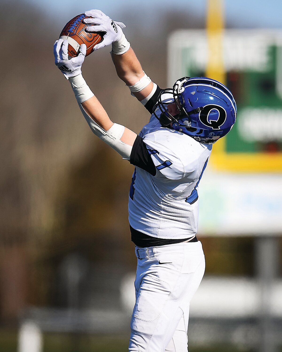 Quakertown’s Anthony Ferrugio extends to make a vaulting catch in the fourth quarter, setting up the Panthers’ last score.