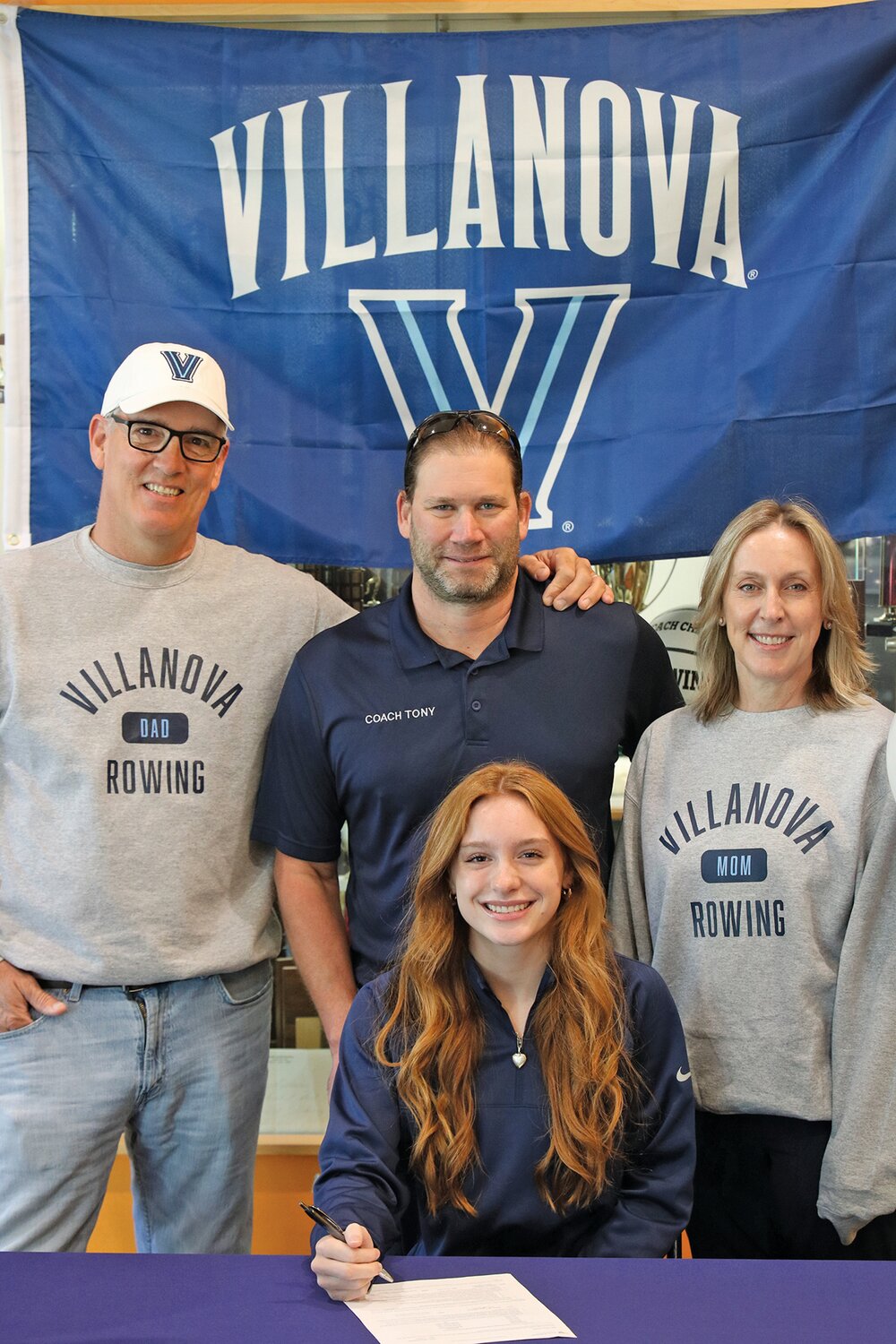 Solebury School recently held a National Signing Day ceremony for senior Kate Shipley, who will continue her rowing career at Villanova University. Joining her at the ceremony are her parents and her coach from Swan Creek Rowing Club, Tony Gambescia.