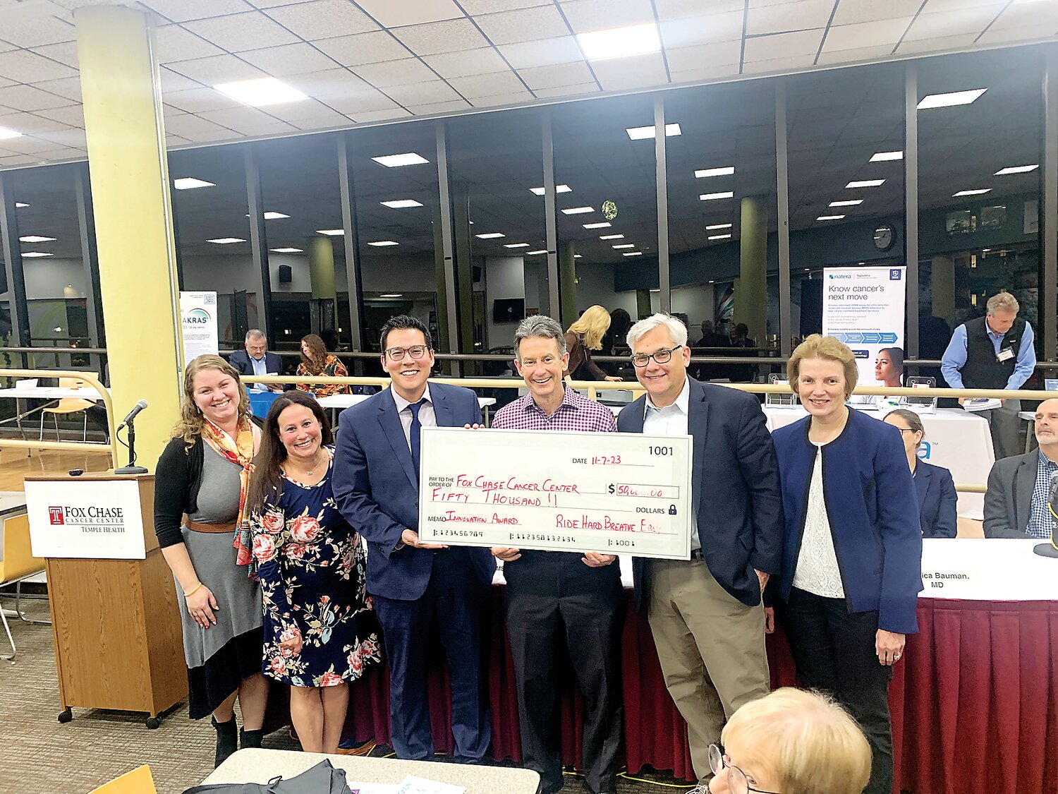 Ride Hard Breathe Easy recently presented a $50,000 donation to Fox Chase Cancer Center for its new program, “Lung Cancer in Never-Smokers: An Initiative to Raise Community Awareness and Establish a Novel Risk Registry.”