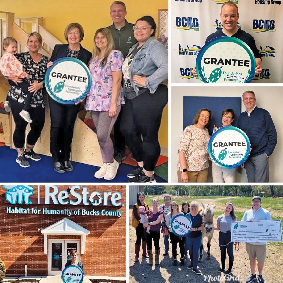 From left, clockwise, are: 2023 General Operating Support Grant recipients Libertae, Bucks County Housing Group, Network of Victim Assistance (NOVA), Special Equestrians, and Habitat for Humanity of Bucks County.
