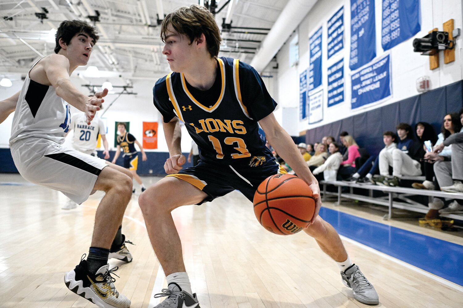 New Hope-Solebury’s Rocco Massimino drives around the defense of Jack M Barrack Hebrew Academy’s Jonah Pappas.
