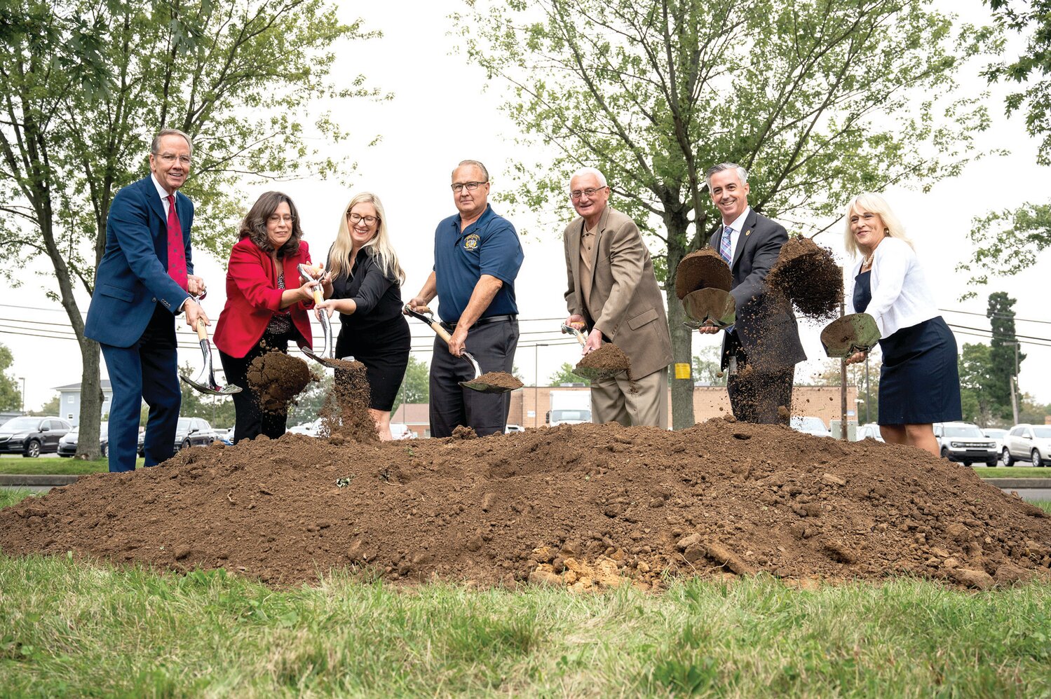 Officials in September broke ground in Bristol Township at the future site of the new Lower Bucks Government Services Center. From left are: David McHenry, of Erdy McHenry Architecture; Bucks County Chief Operating Officer Margie McKevitt; Bucks County Chief Clerk and Deputy COO Gail Humphrey; Bristol Township Council President Craig Bowen; and Bucks County Commissioners Gene DiGirolamo, Bob Harvie and Diane Ellis-Marseglia.