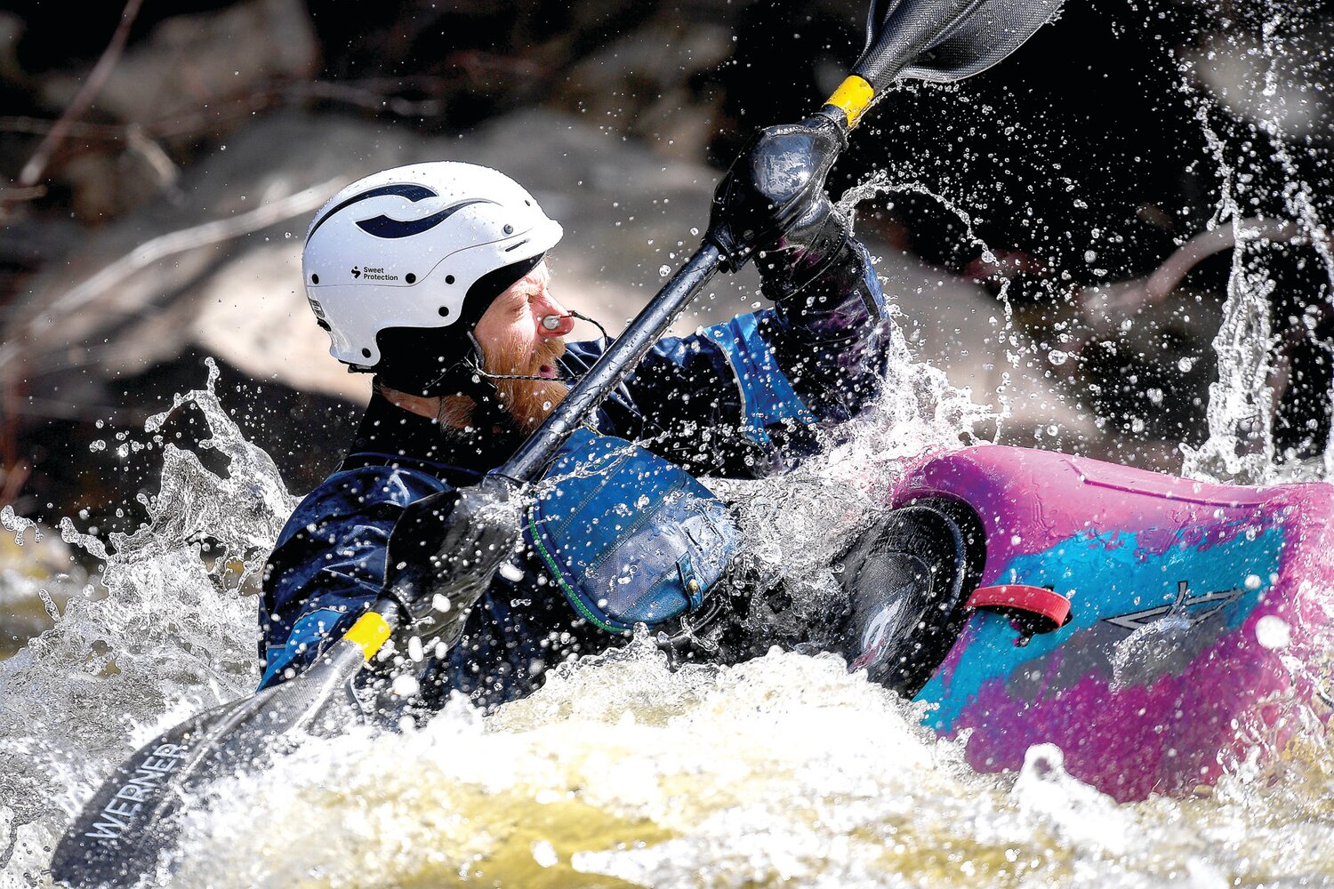 A kayaker battles the Tohickon Creek’s rapids on March 19 during the Department of Conservation and Natural Resources’s semiannual release of water from Lake Nockamixon.