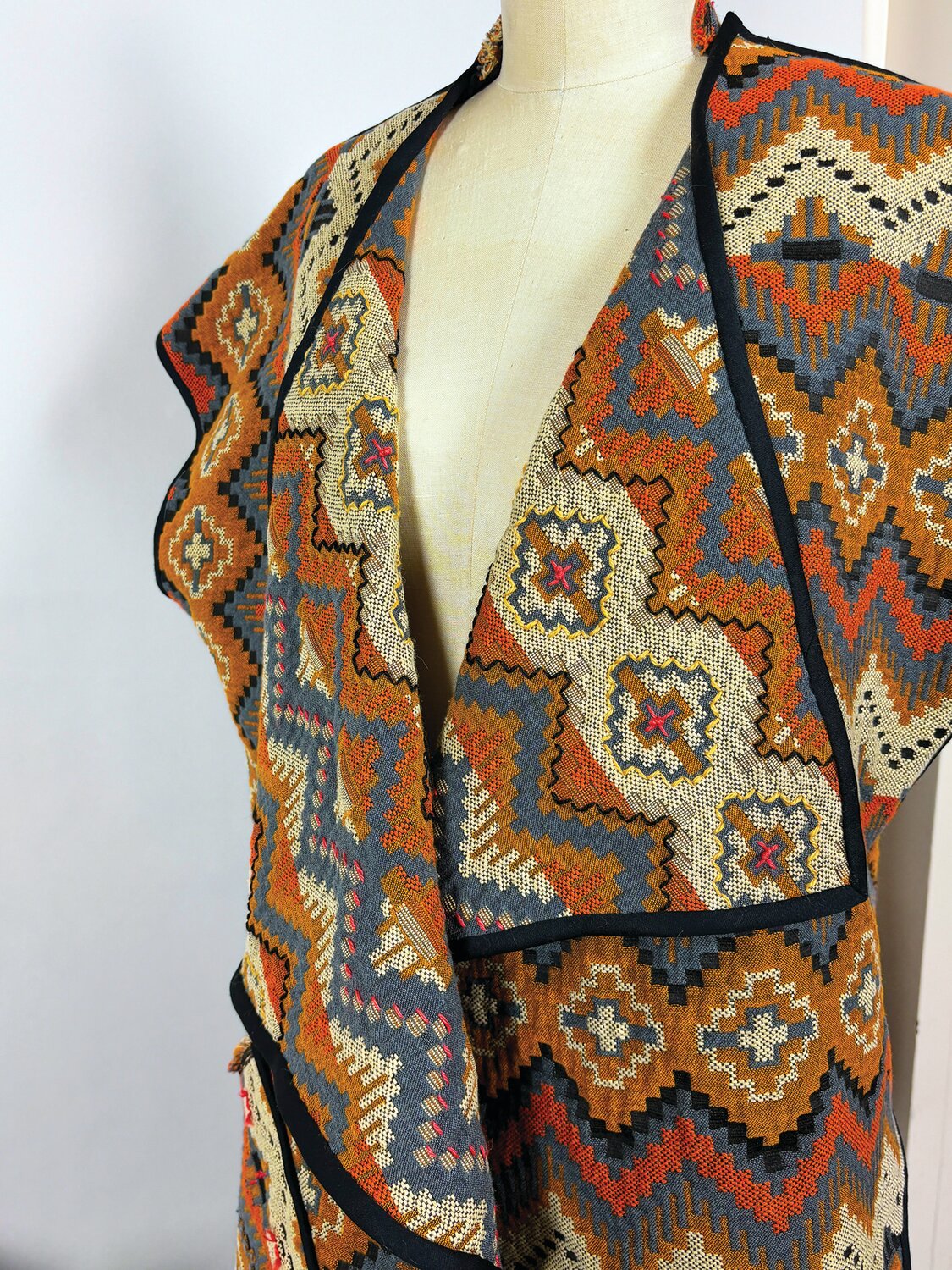 “Wander and Weave Vest” is a work of fabric with hand embroidery by Sarah Mueller, instructor of adult and youth fashion classes at The Baum School of Art.