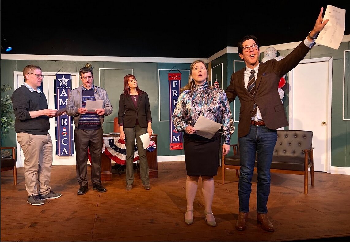 From left are John Boccanfuso, Nigel Rogers, Cathy Liebars, Shelli Pentimall Bookler, Joseph Torsella in the ActorsNET production of “The Outsider.”