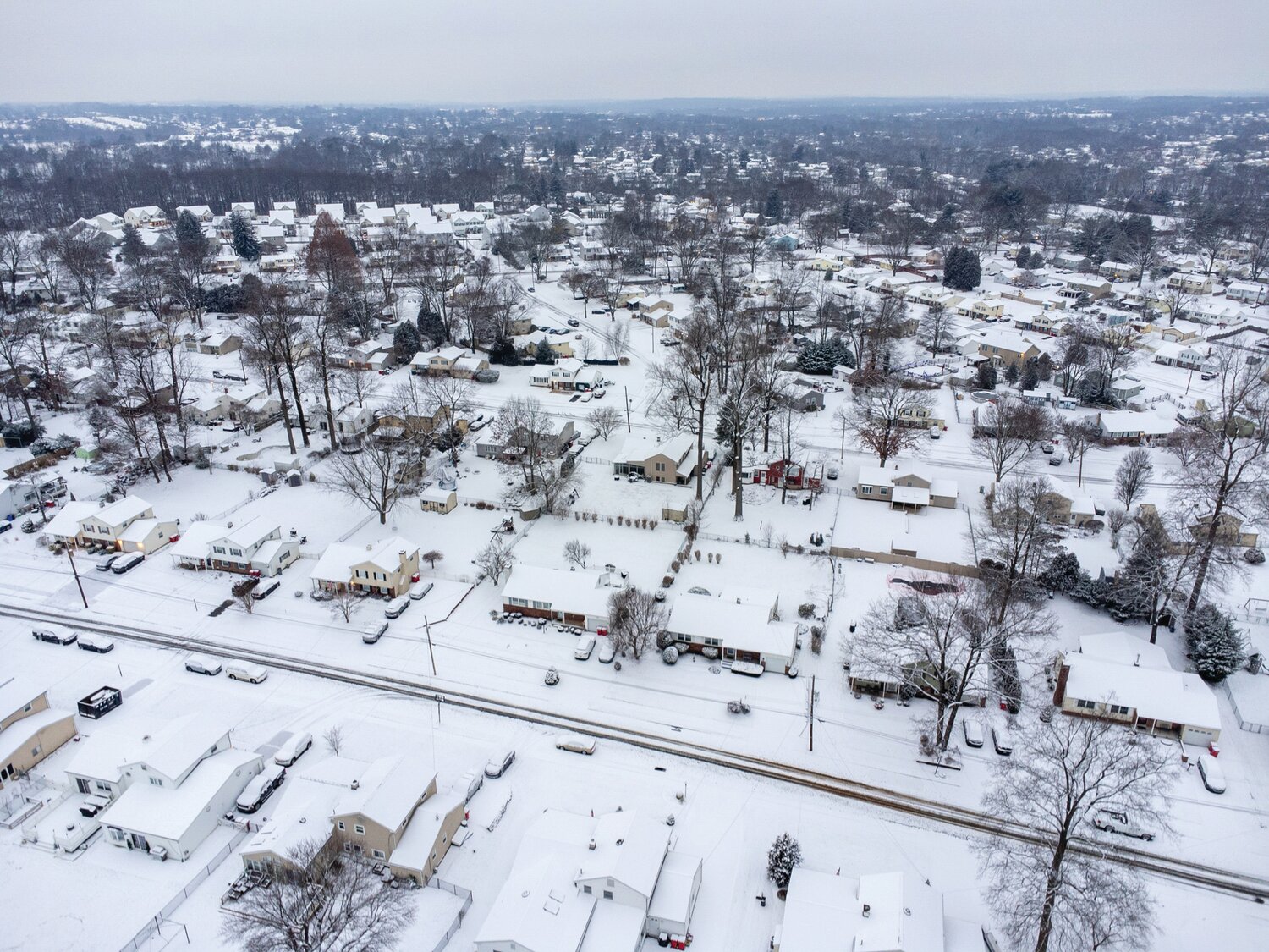 A drone captures the impact of this week’s winter storm on the Hartsville section of Warminster Township. Snow fell Monday night into Tuesday morning and totaled 2 to 4 inches, locally. There’s a chance we’ll see more of the white stuff Friday. For more snowy scenery, visit www.buckscountyherald.com.