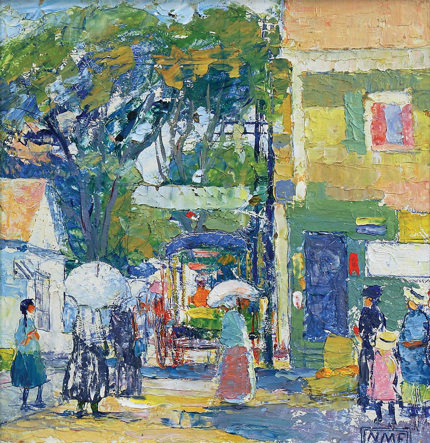 “Market Day” is a framed and signed oil on board by American artist Nancy Maybin Ferguson (1872 - 1967).
