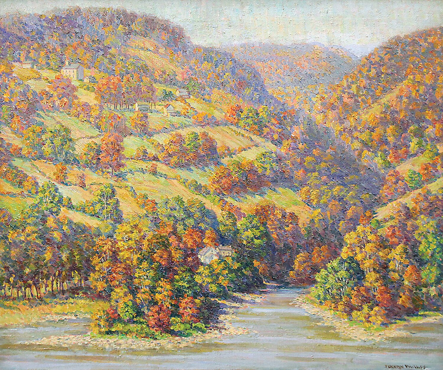 “Point Pleasant Fall” is a framed and signed oil on canvas by American artist S. George Phillips (1890 - 1965).