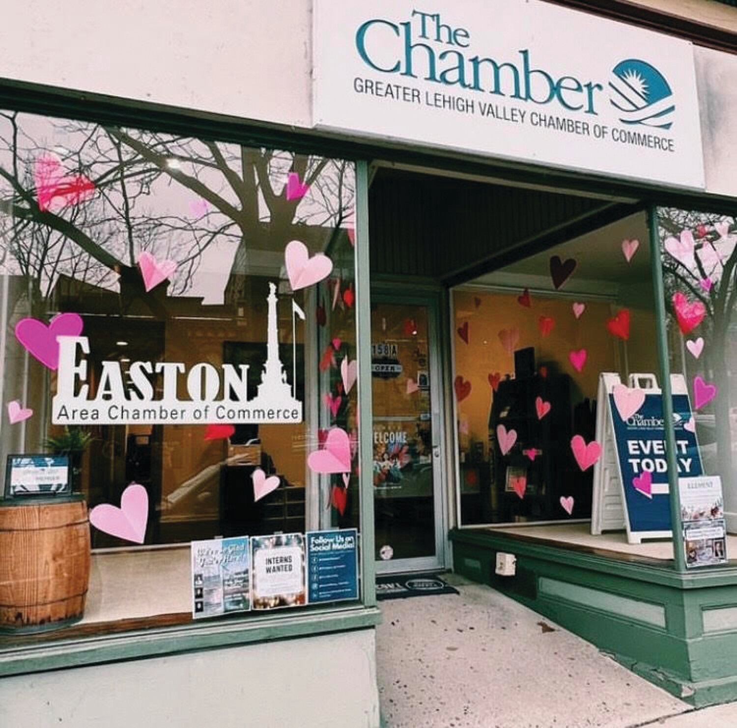 The local chamber of commerce office is decorated with hearts for “Love, Easton.”