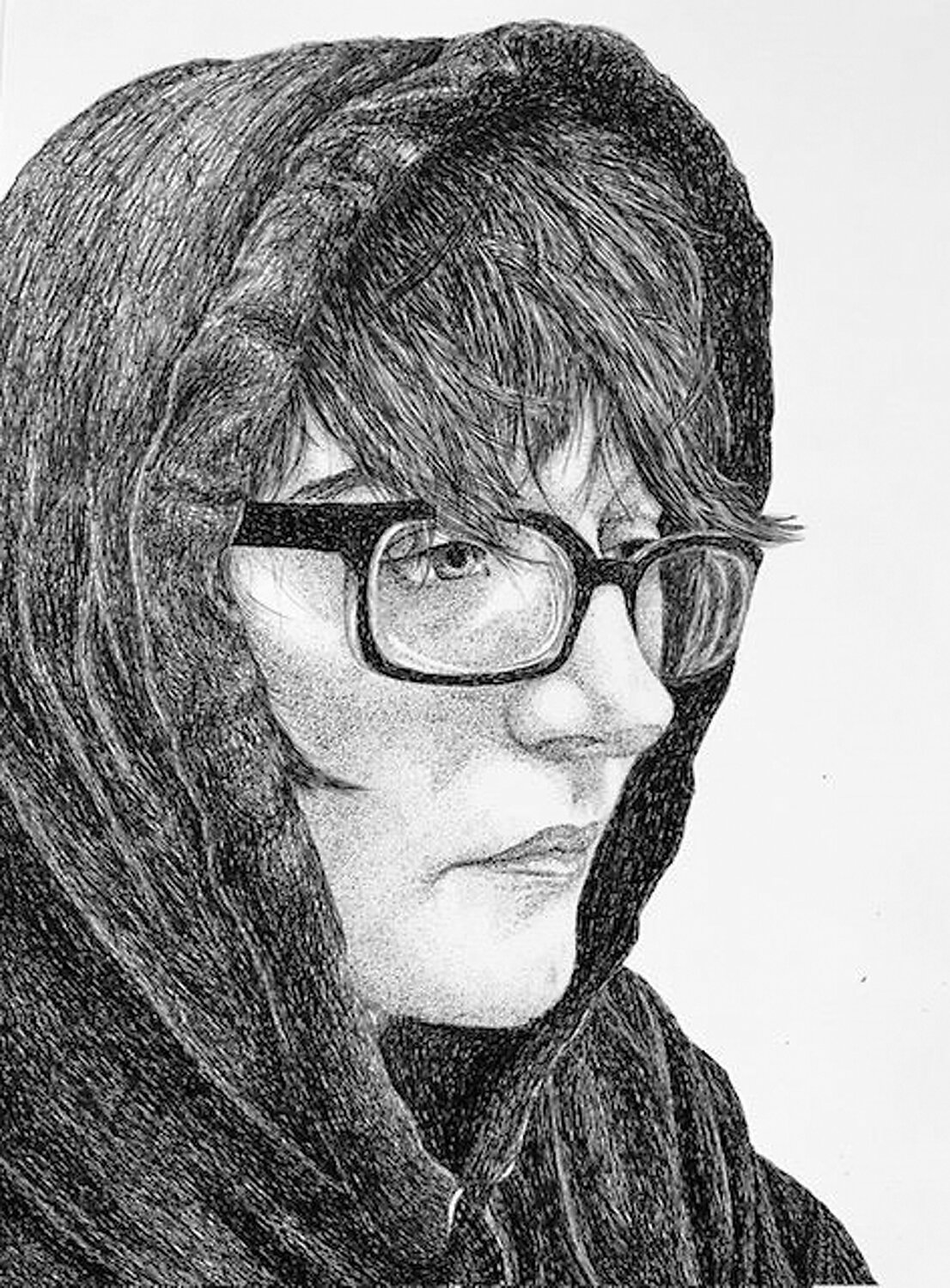 Honorable Mention “Portrait in Black and White” by Rylee Frey of Truman High School is a work in pen and ink.