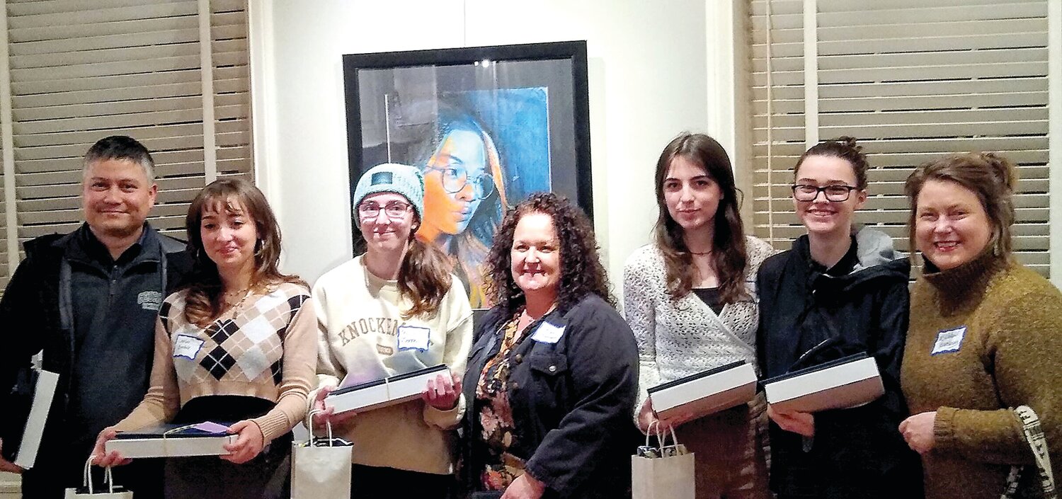 The award winners and their teachers are, from left,   teacher Jo Adachi of George School, students Leeloo Boubil and Celia O’Donnell, teacher Angel Bussman of Truman High School, Ella Sayers and Cailyn Convery, and teacher Maggie Weber of Pennsbury High School.